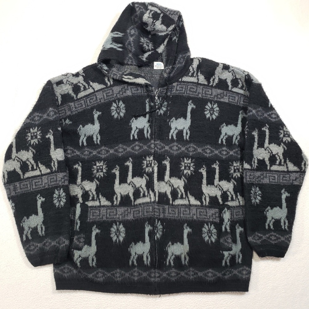 Yari Artesanias Full Zip Hoodie Mens‎ Large Black Gray Llama Wool Southwestern